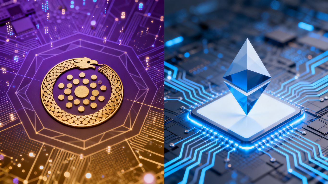Cardano and Ethereum blockchain logos side-by-side.