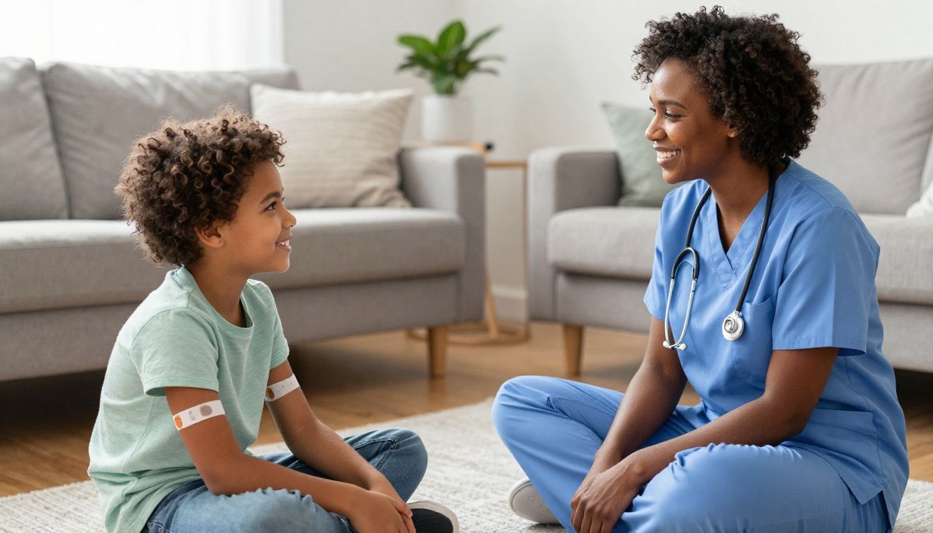 A compassionate Black female nurse in scrubs sits on the floor of a sunlit living room, smiling and engaging with a young white child who has a visible medical device.