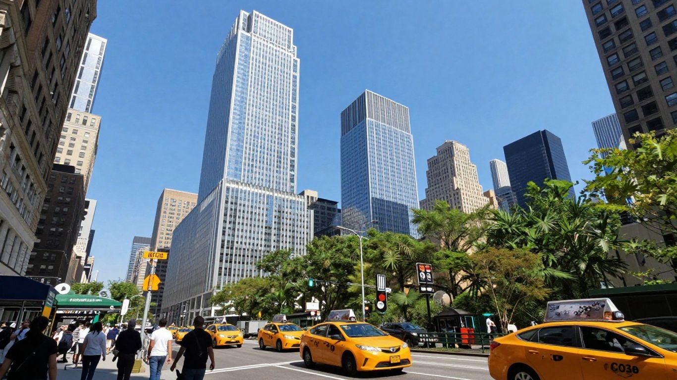 New York City skyline with skyscrapers and busy streets.