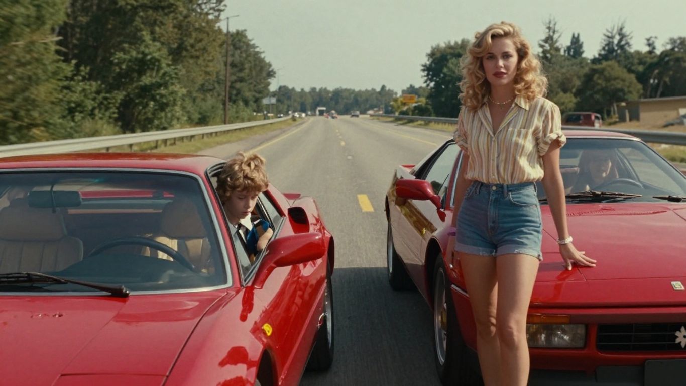 Christie Brinkley and Chevy Chase beside Ferrari