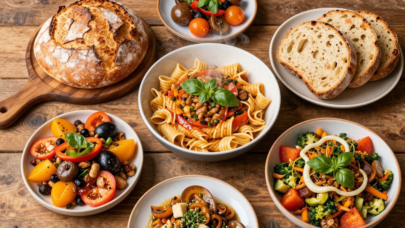 Internationale Gerichte auf Holztisch, Backen, Pasta, Vegan