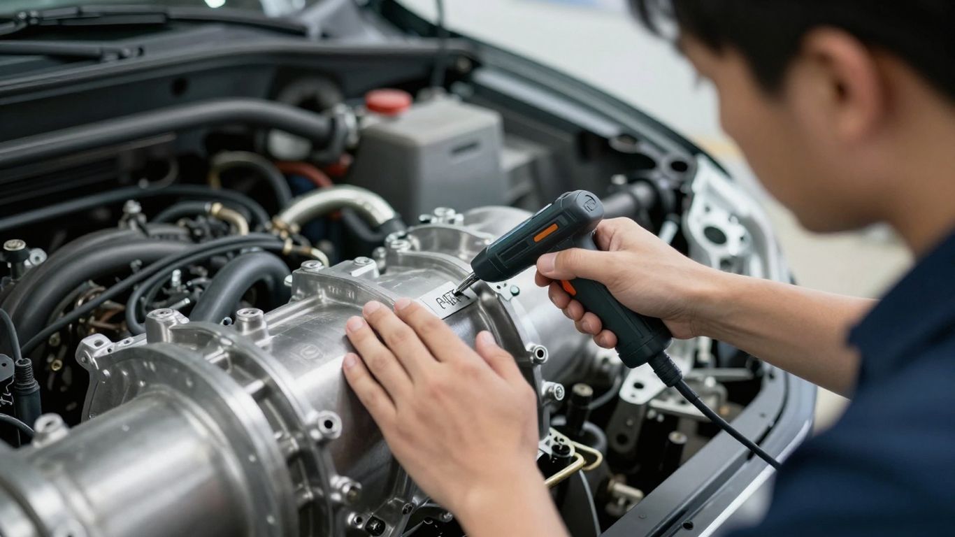 A technician inspecting a classic transmission unit