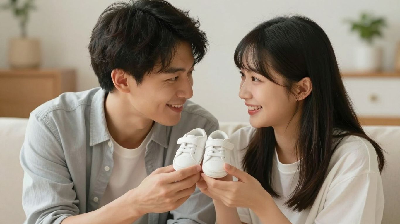 Couple sharing pregnancy news with baby shoes.