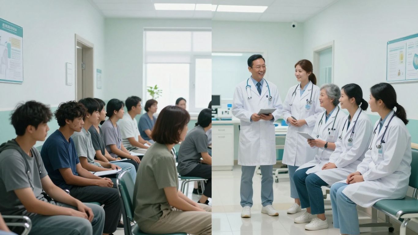 Diferențe în accesul la îngrijiri medicale, de la clinică aglomerată la centru modern.