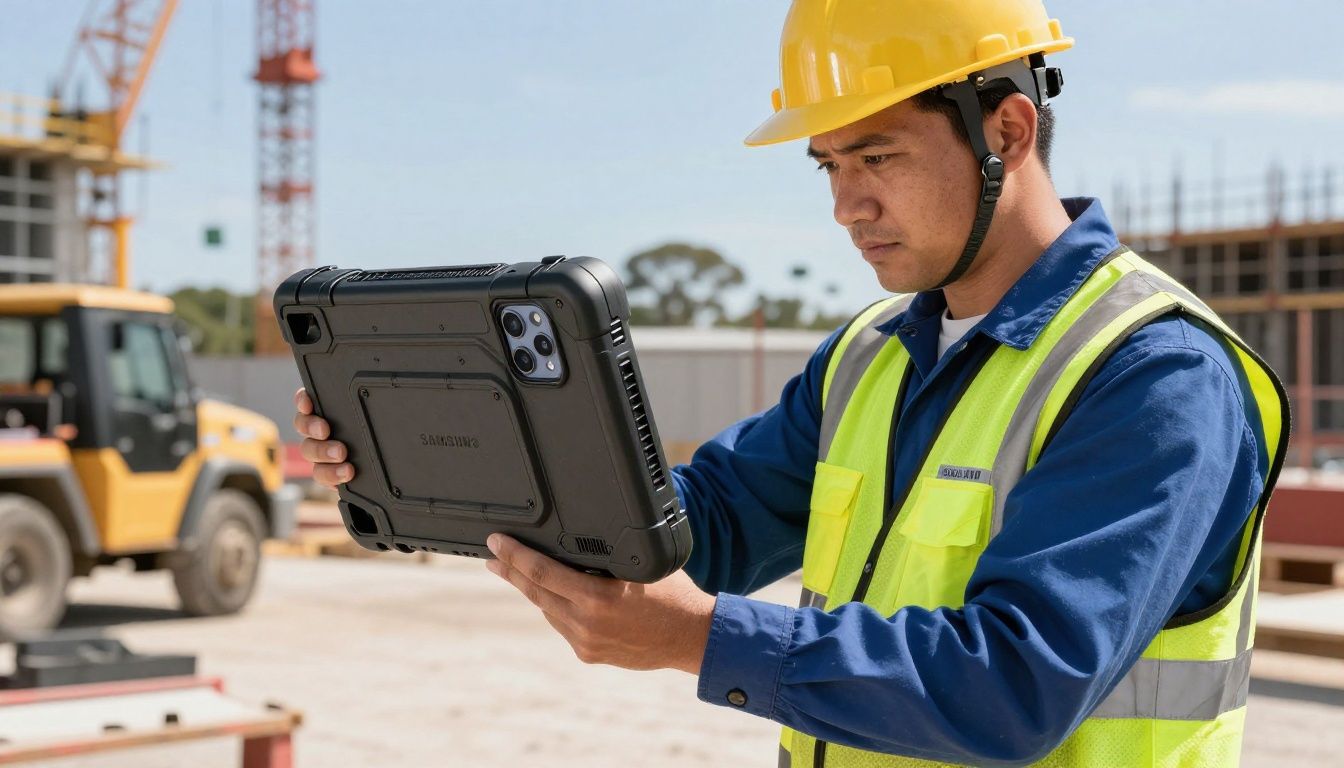 A tradie in high-vis workwear checking their Samsung Galaxy S26, which is protected by a rugged, heavy-duty case, on a construction site in Australia.