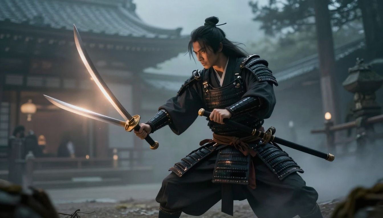 Um guerreiro em postura de combate empunhando duas espadas brilhantes em um templo japonês envolto em neblina