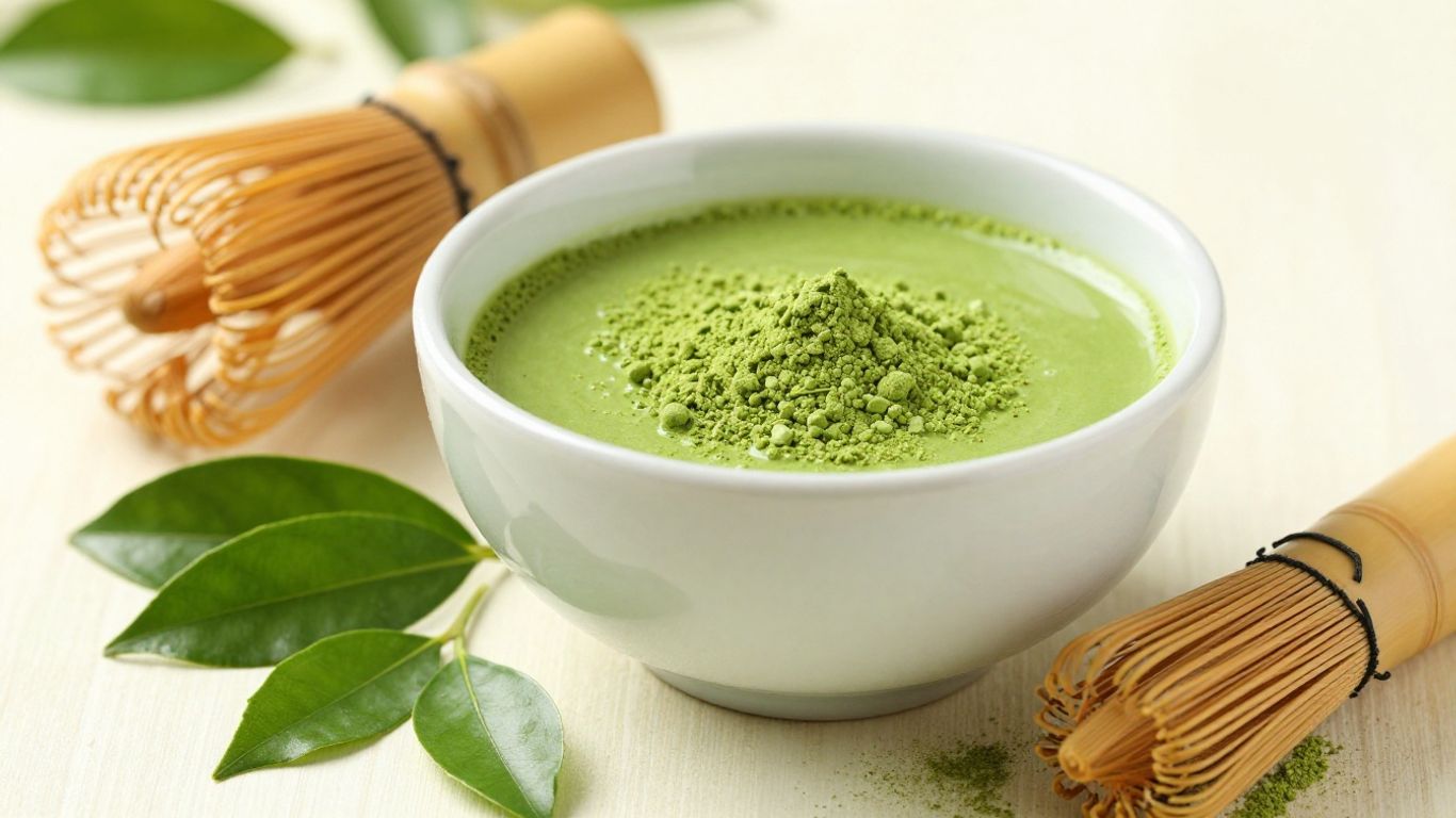 Green matcha powder in a bowl with a whisk.