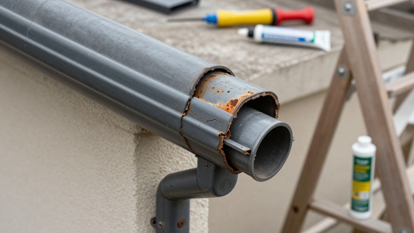 Damaged gutter next to a new gutter section.