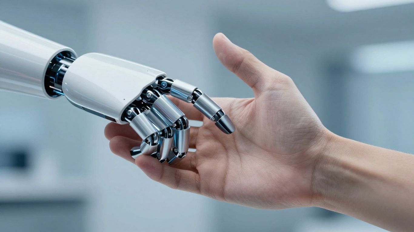 Human hand reaches toward advanced robotic hand photograph.