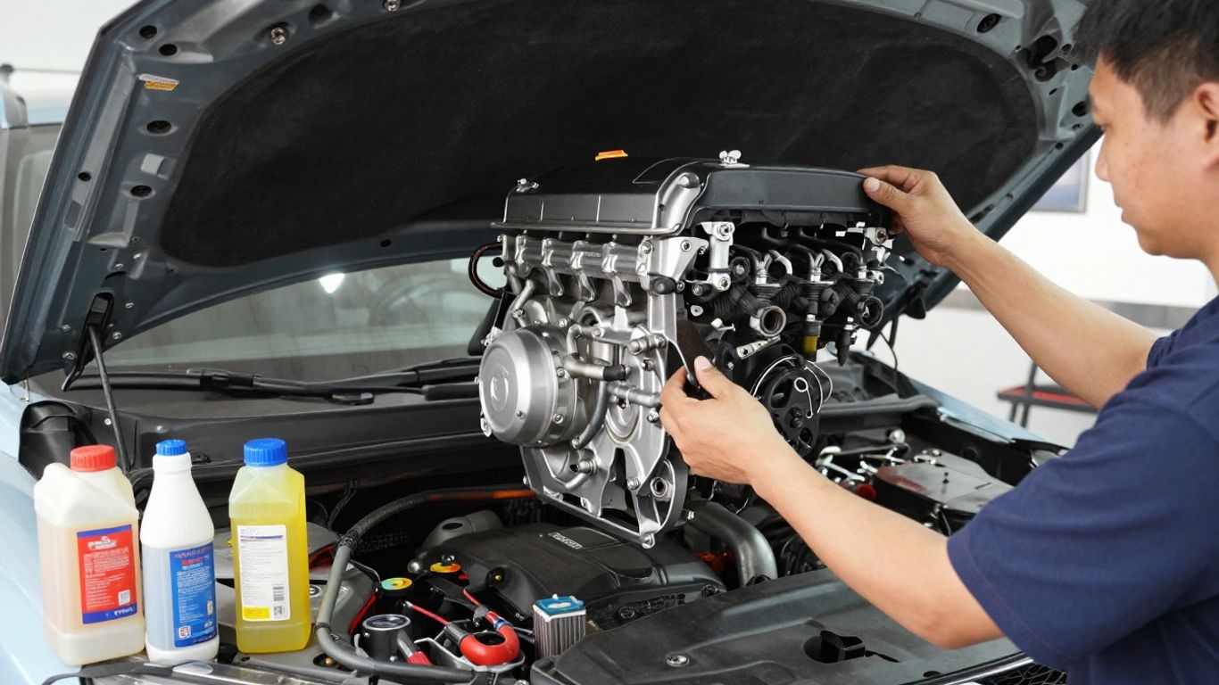 Automotive workshop preparing X-Trail engine installation