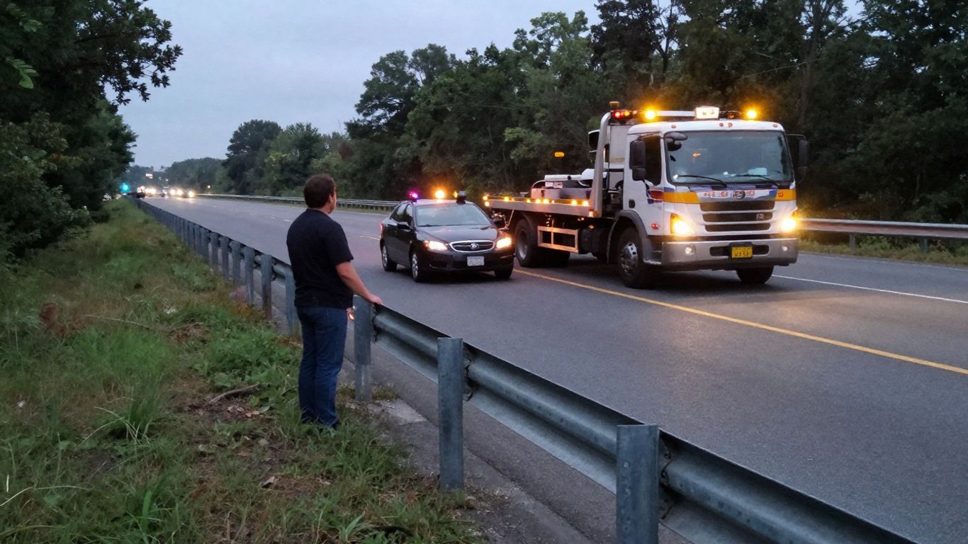 Person waits safely for tow truck on highway shoulder.