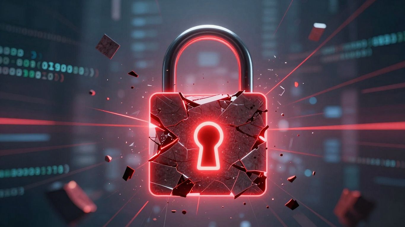 Broken digital lock with red cracks and floating code.