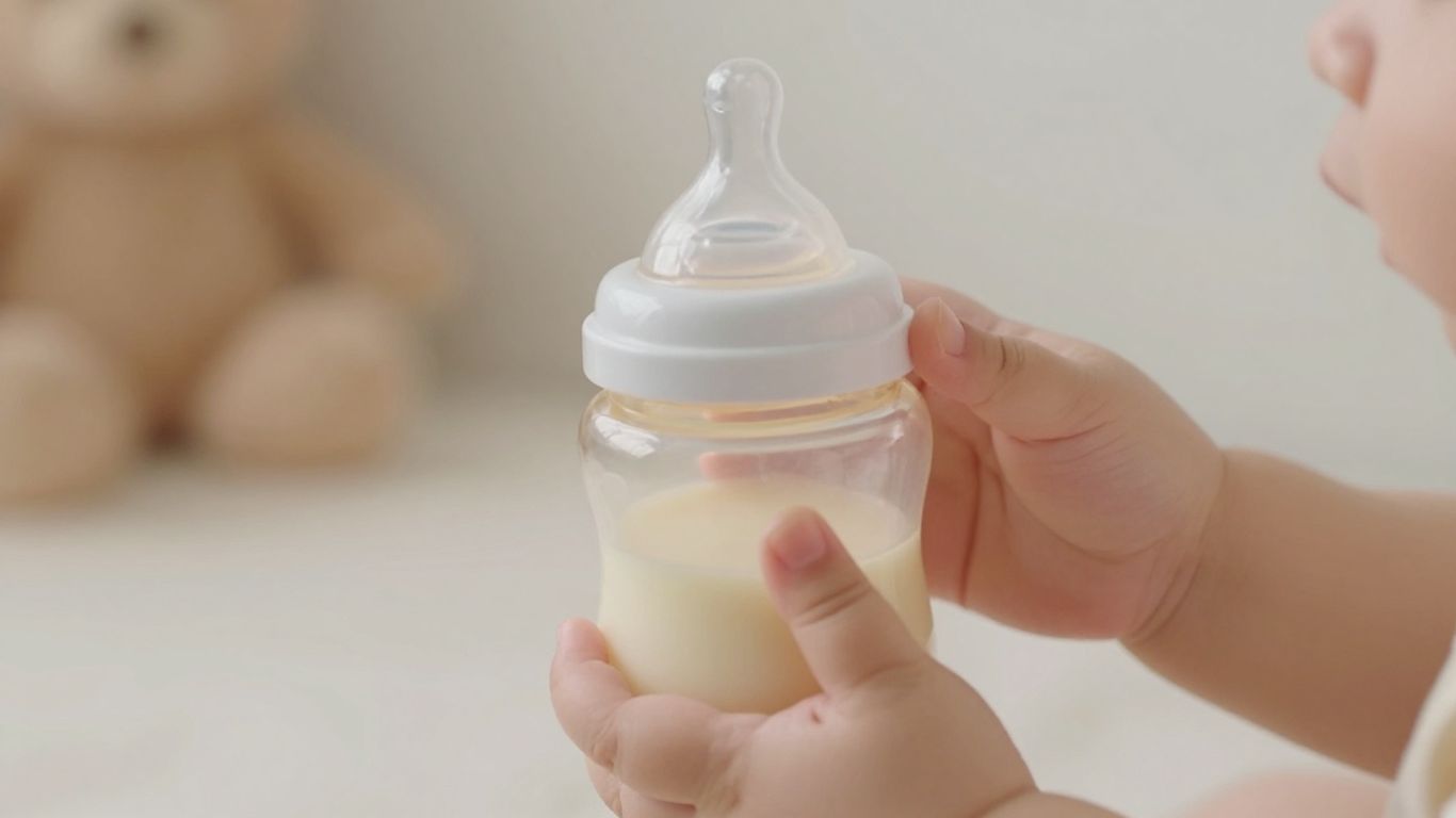 Manos de bebé sosteniendo un biberón con leche.