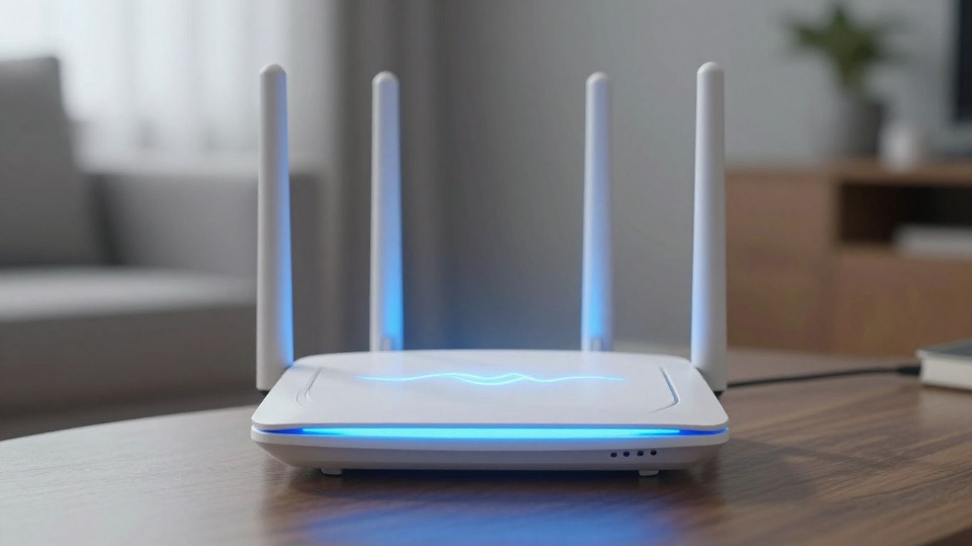 Router emitiendo señal inalámbrica en un hogar moderno.