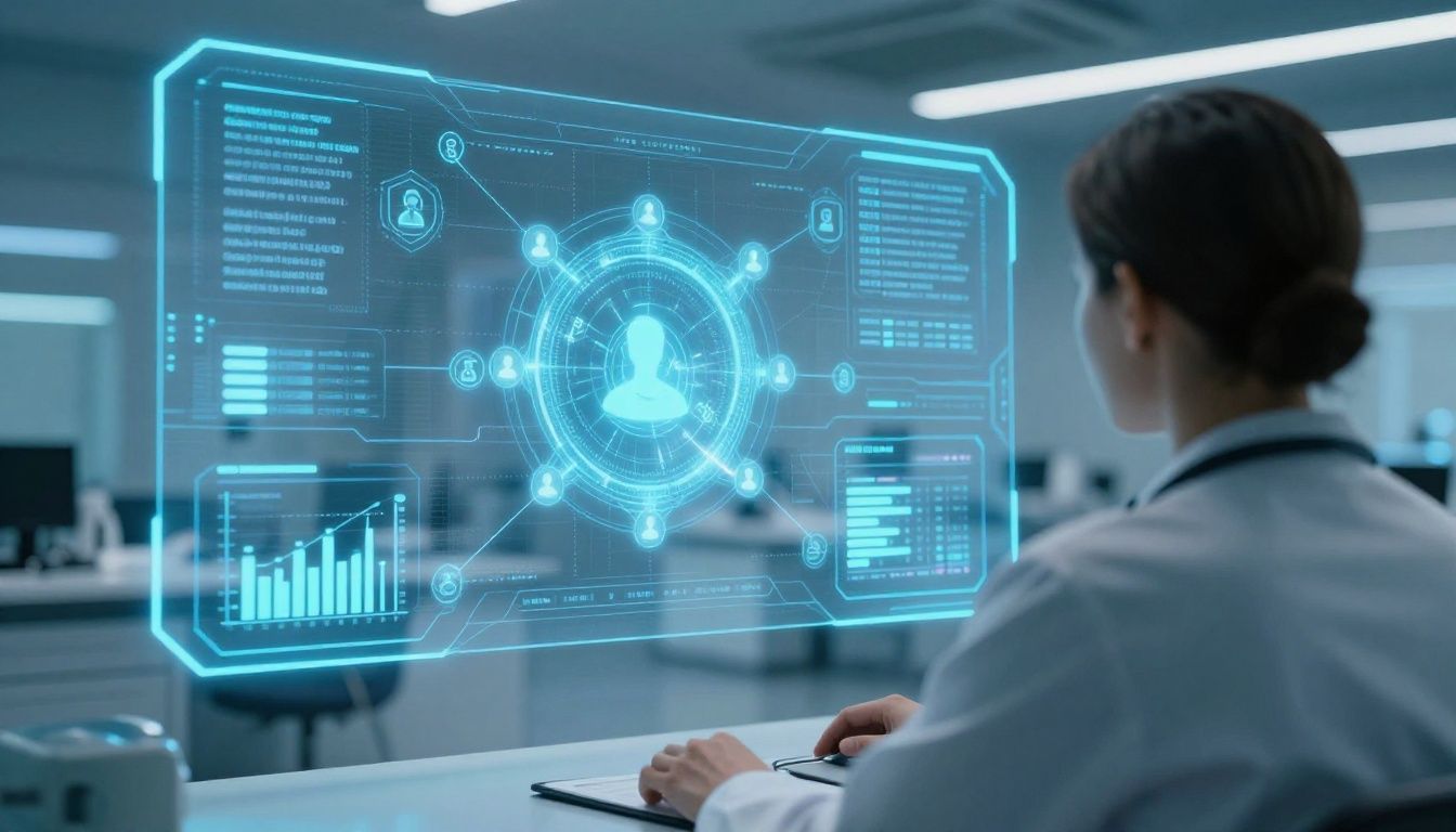 Wide-angle over-the-shoulder view of a healthcare data analyst with their back completely turned to the camera, viewing an interactive glowing blue holographic interface with connected nodes, security shields, user icons, and encrypted financial charts in a futuristic medical billing command center, no faces visible, cinematic neon blue and cyan lighting, photorealistic, 16:9