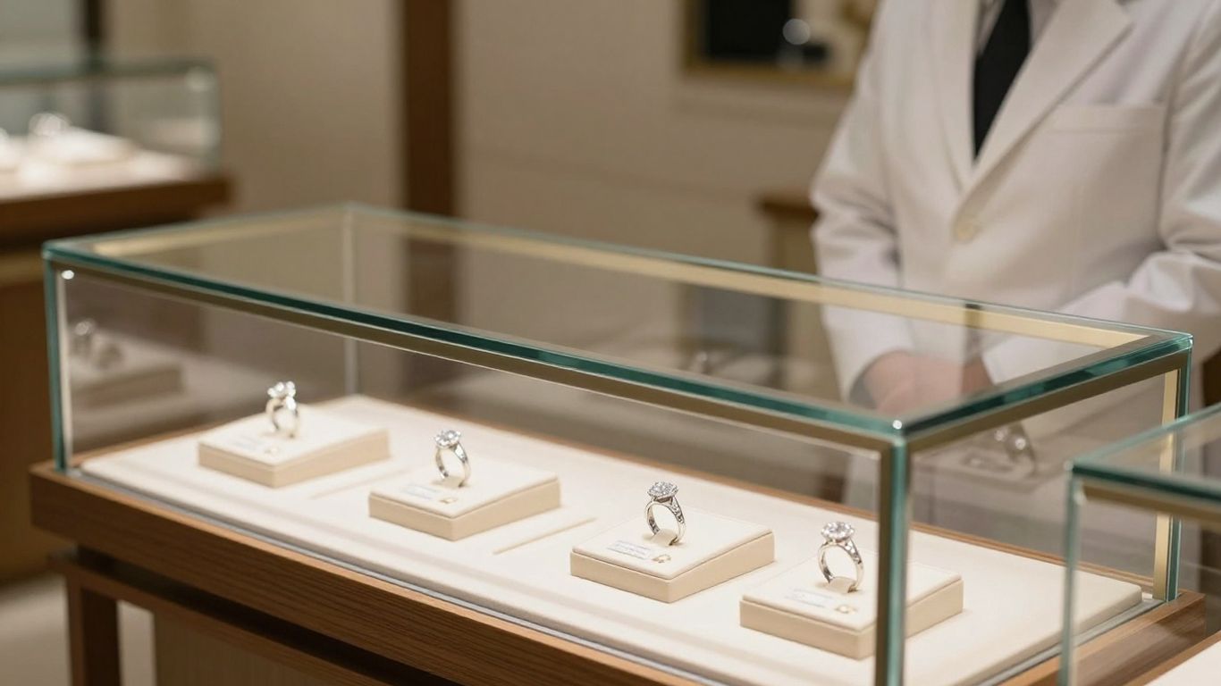 A professional jewelry store display with assorted diamond rings