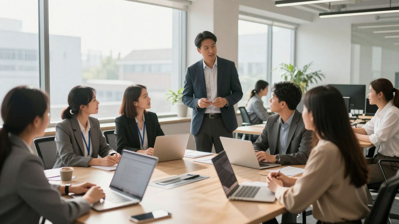 Personas discutiendo en una oficina moderna y luminosa.