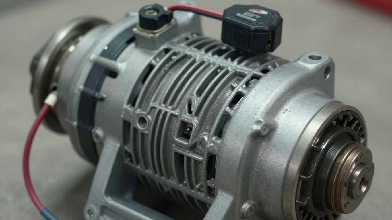 Car alternator with visible wiring and metallic parts.