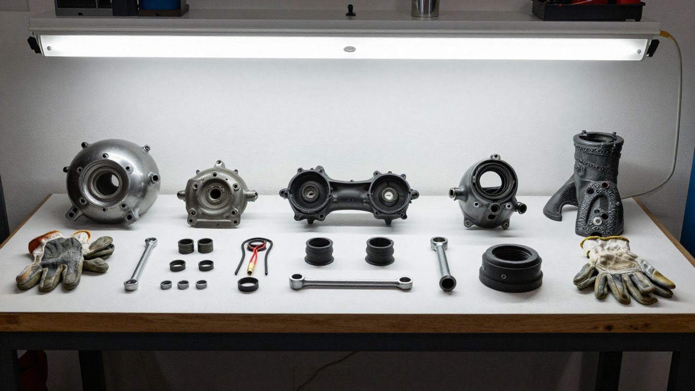 Mechanic comparing new rebuilt and used Mini parts