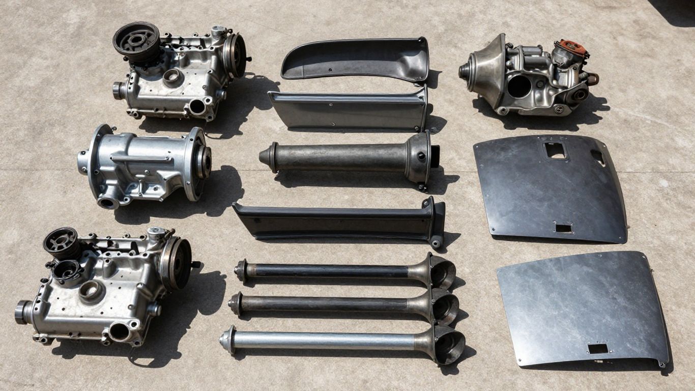 Used Chrysler car parts laid out for inspection.