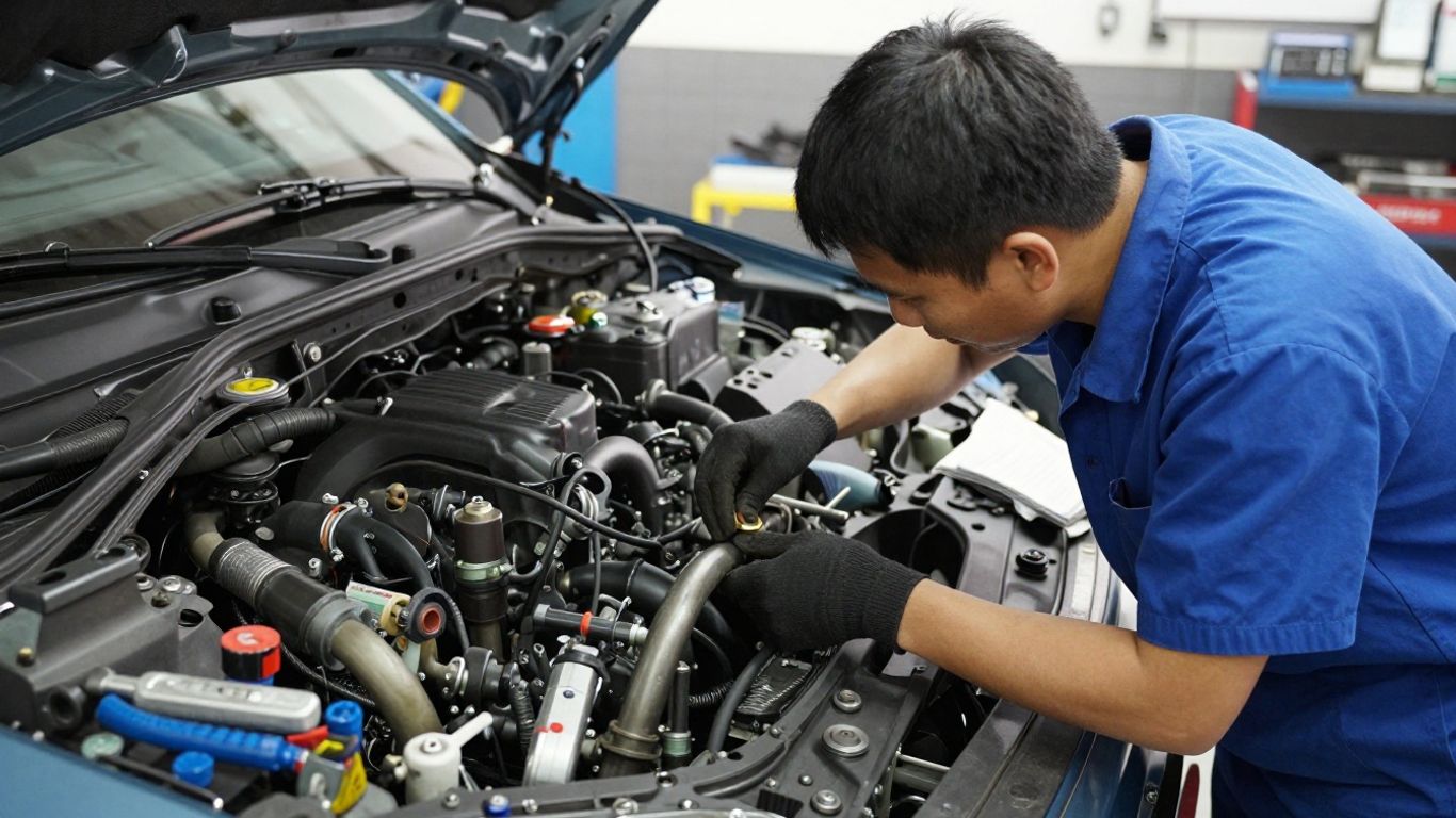 Technician inspecting a replacement vehicle engine
