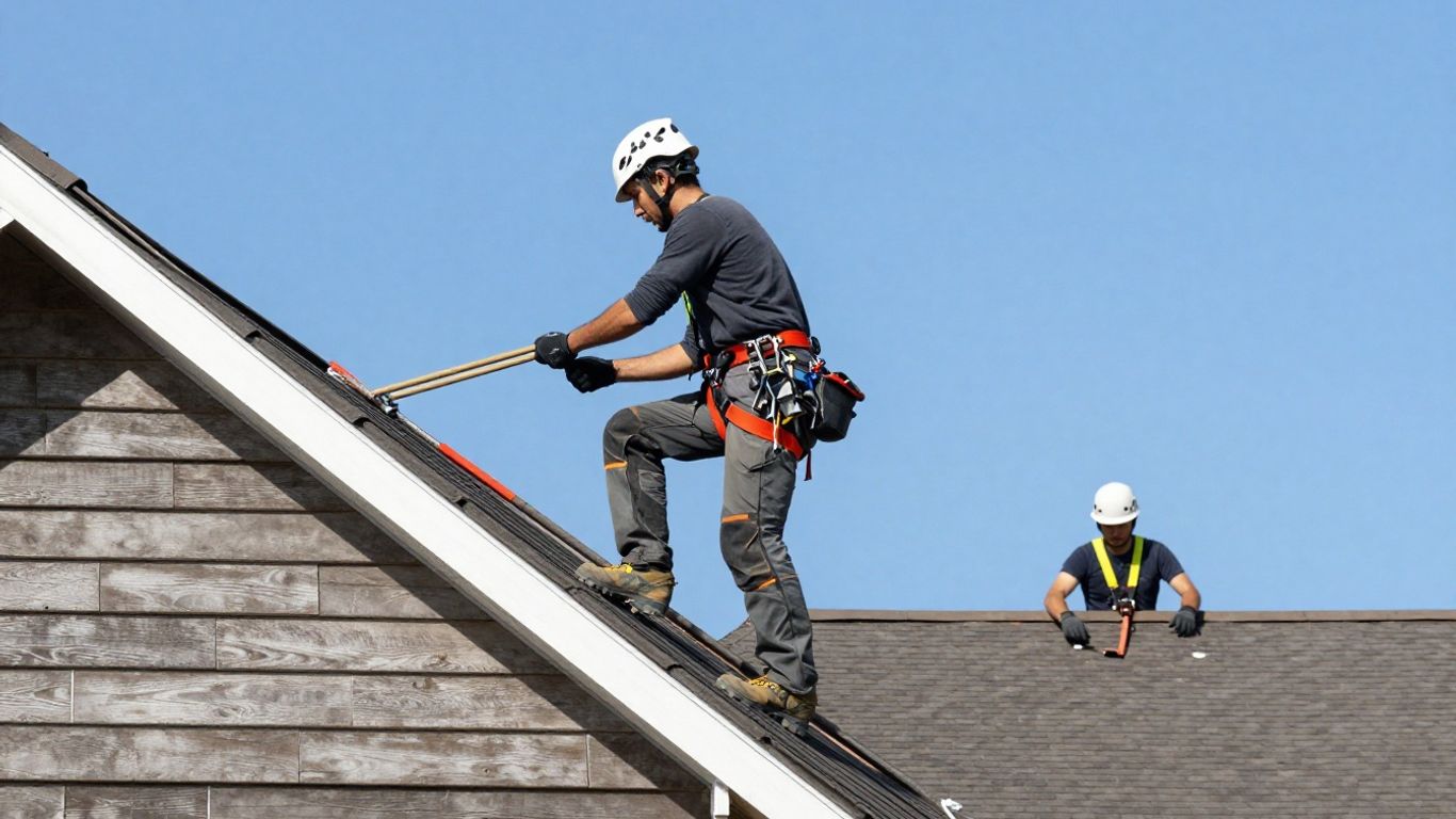 Roofer working on a sloped residential roof.