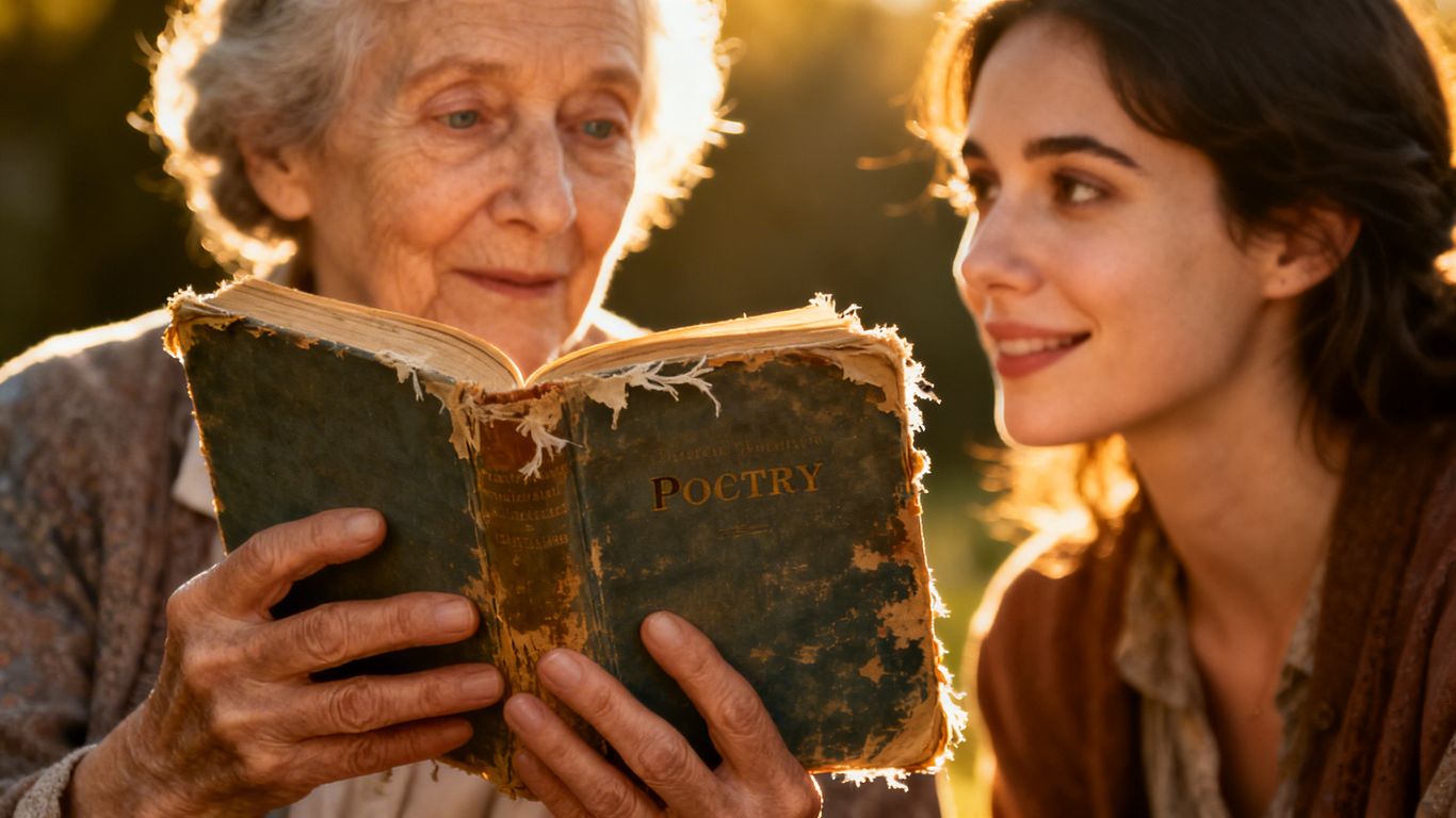 Grandmother and granddaughter sharing a book of poetry.