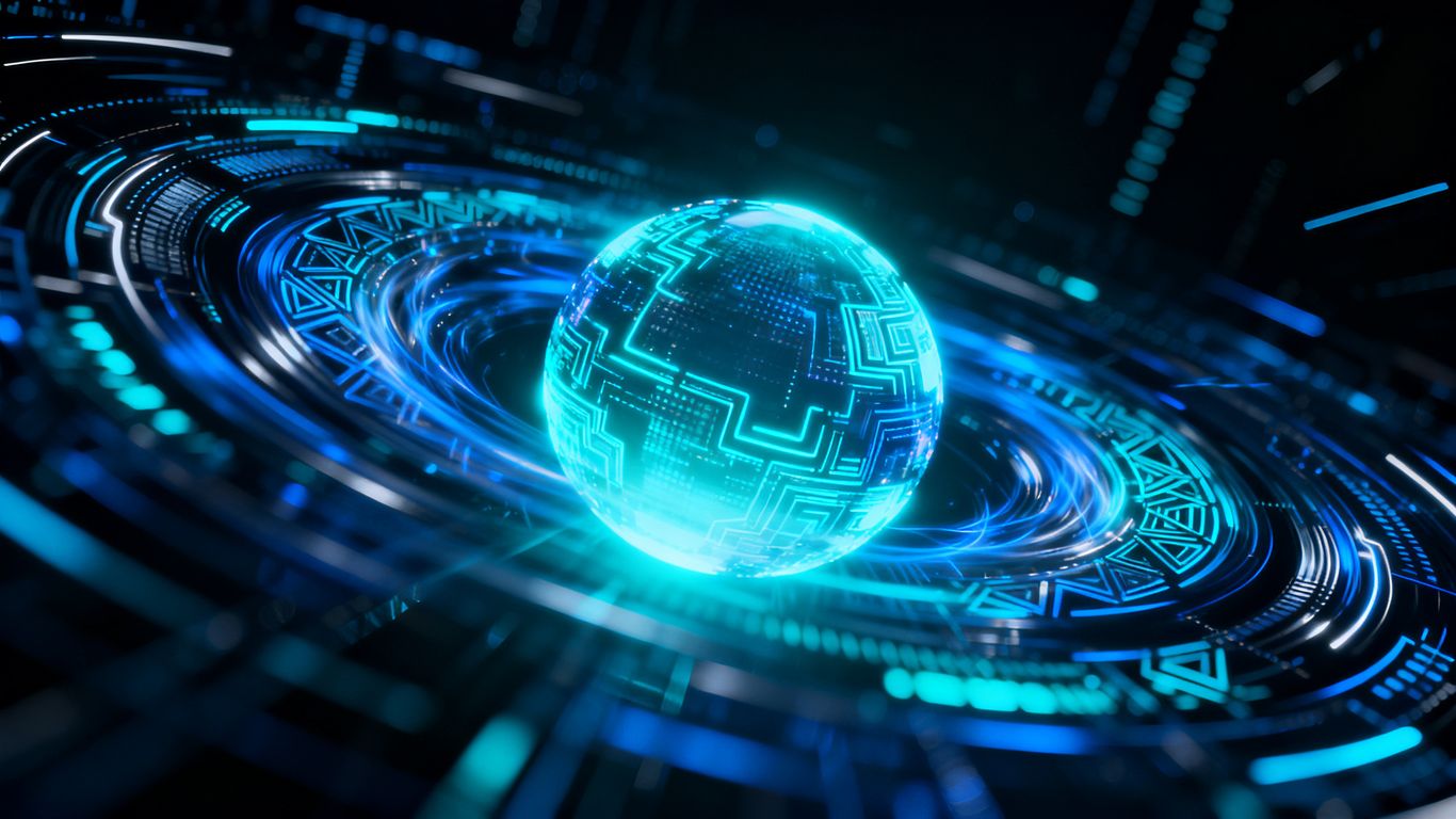 AI interface with glowing orb and digital patterns.