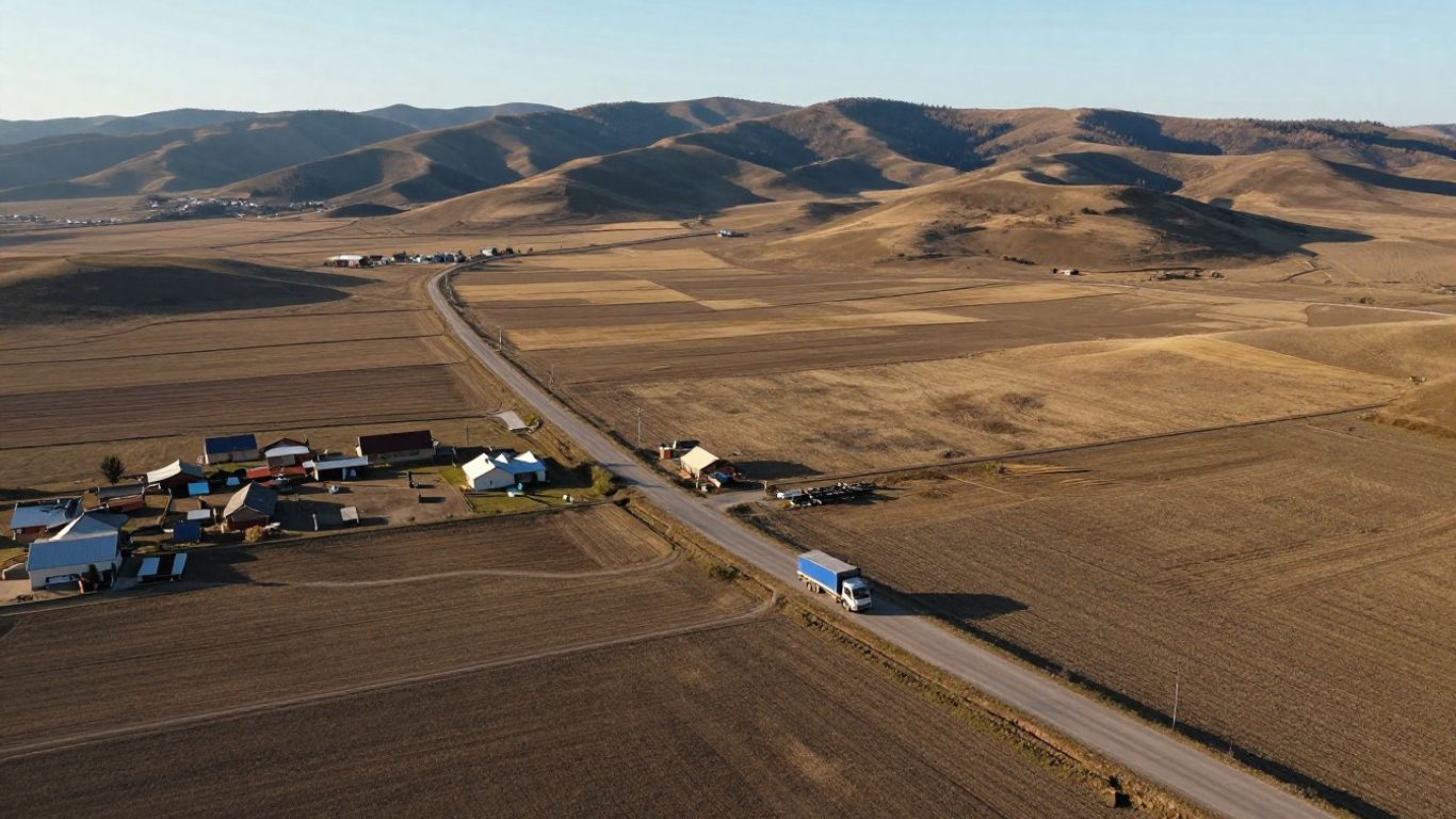 Rural landscape with contractor truck and scattered buildings.