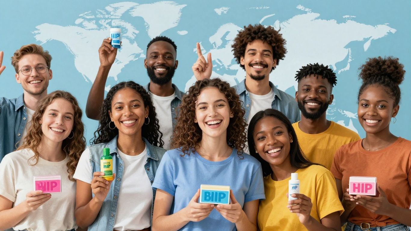 Personas sonriendo con productos bHIP y mapa mundial.