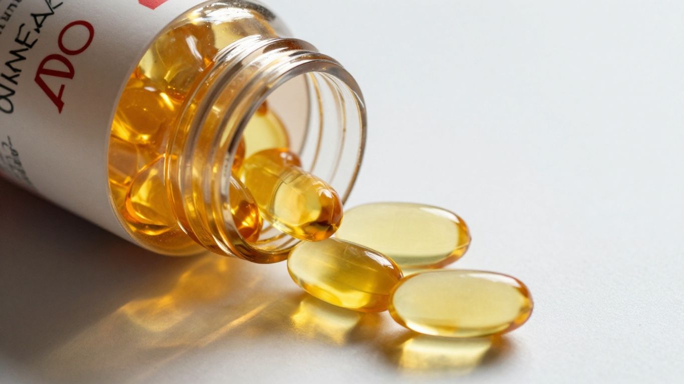 Omega-3 fish oil capsules bottle and scattered pills.