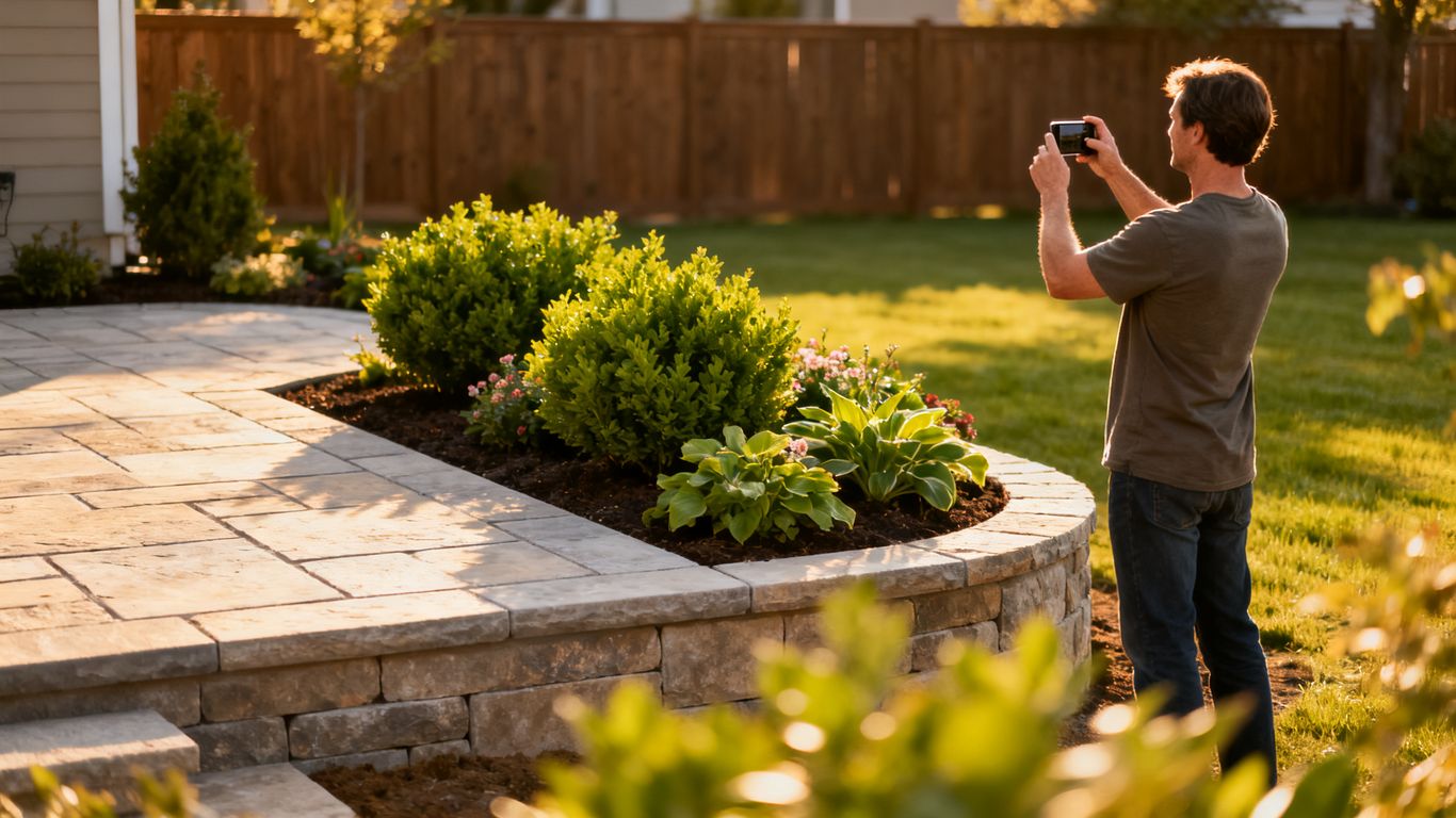 Landscaping customer photographing a completed patio garden