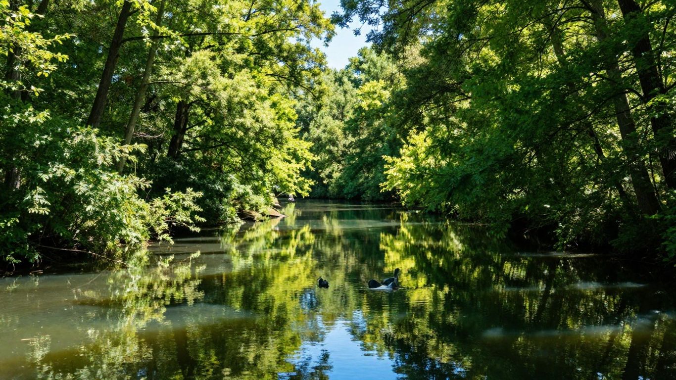 Canal du Nivernais with lush green banks and blue water.
