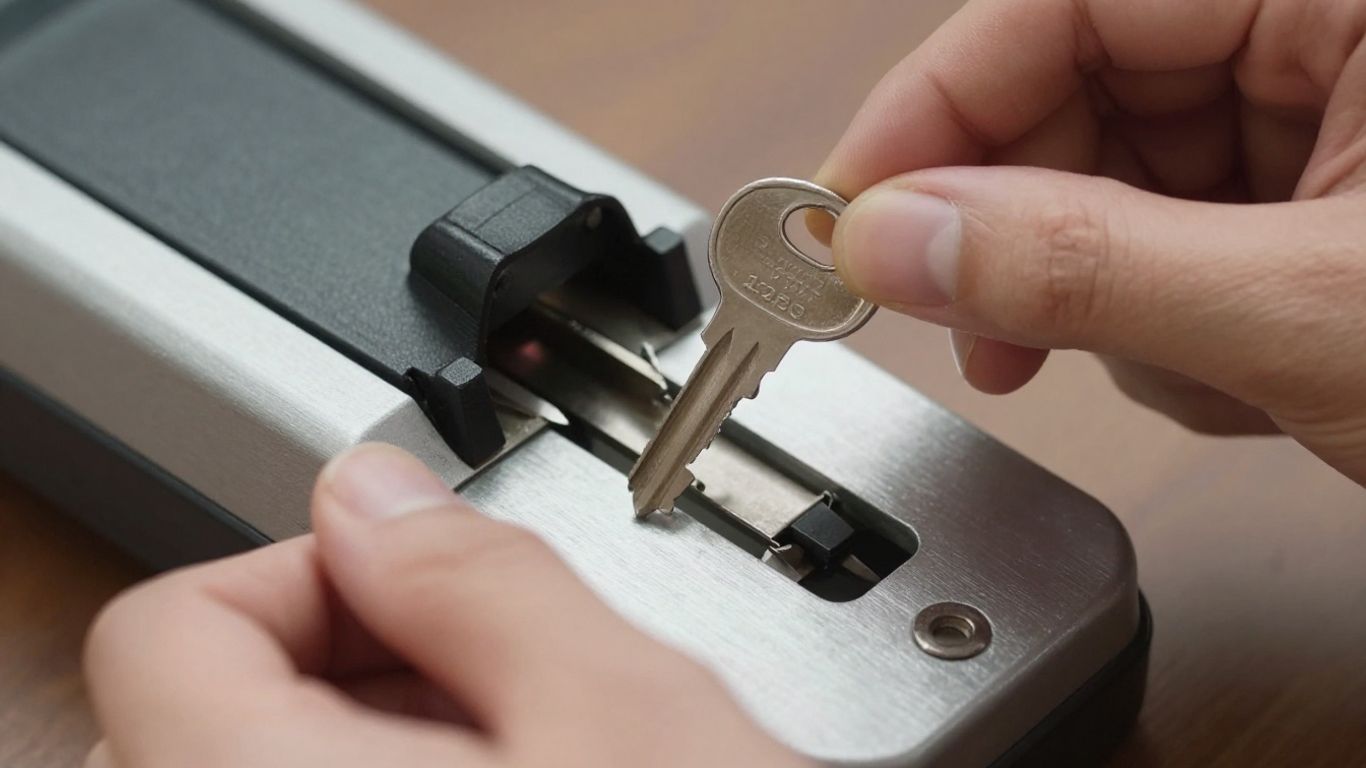 Key being cut at a locksmith shop.
