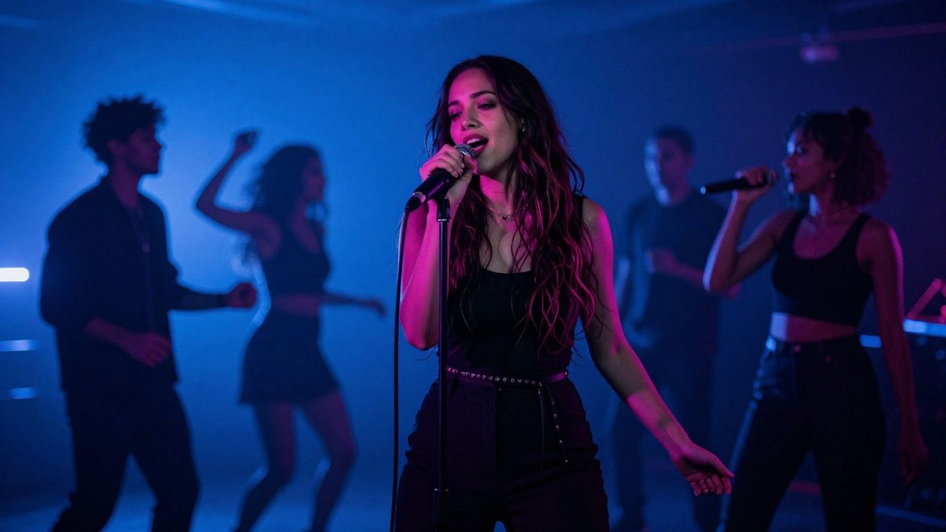 R&B singer performing in a moody, neon-lit music video.