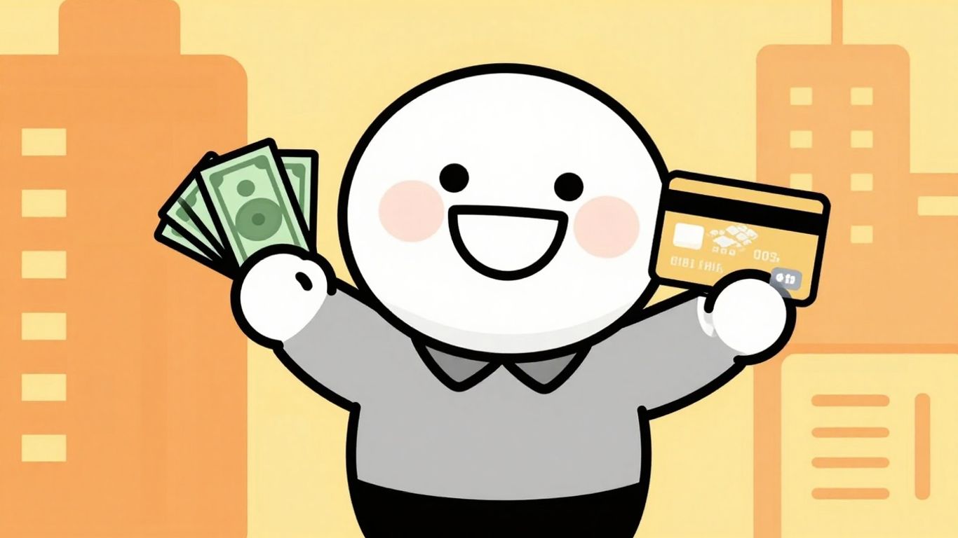 Cartoon character holding money and credit card.