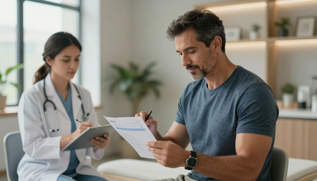Realistic premium men’s health clinic scene with a diverse confident man in his 40s reviewing laboratory results with a qualified provider, subtle fitness and recovery elements, upscale modern interior, natural lighting, no text, no logos, no distorted hands.