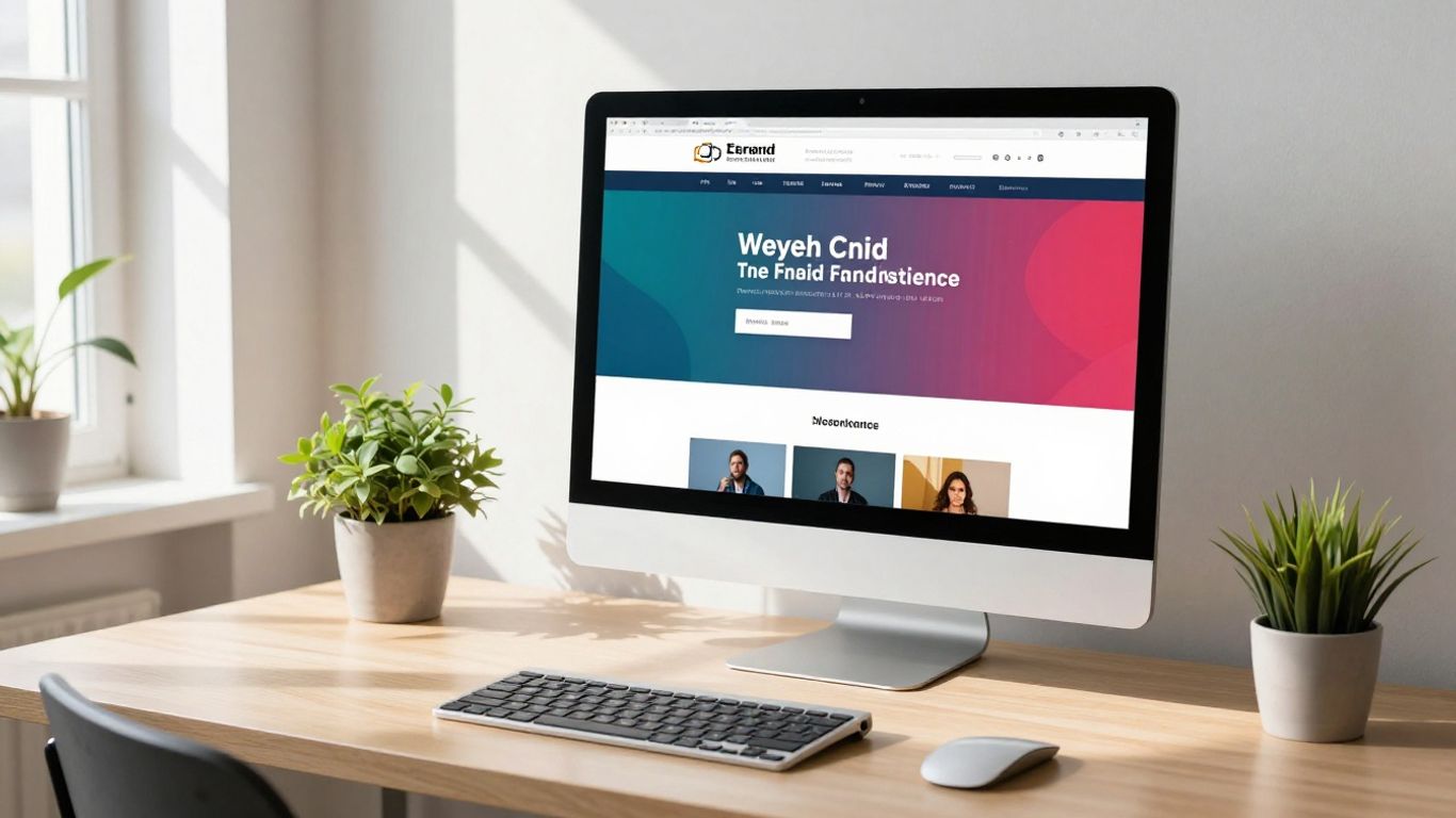 Creative workspace with a monitor showing a website design.