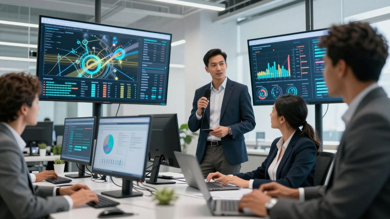 Diverse American professionals using voice AI with digital interfaces.