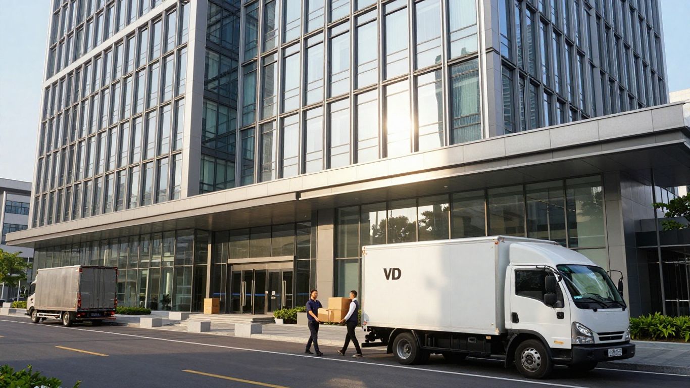 Office building and moving truck during corporate relocation.