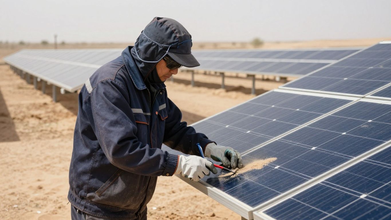 Technician inspecting a dusty desert solar array