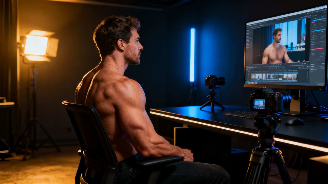 Adult male video creation workspace