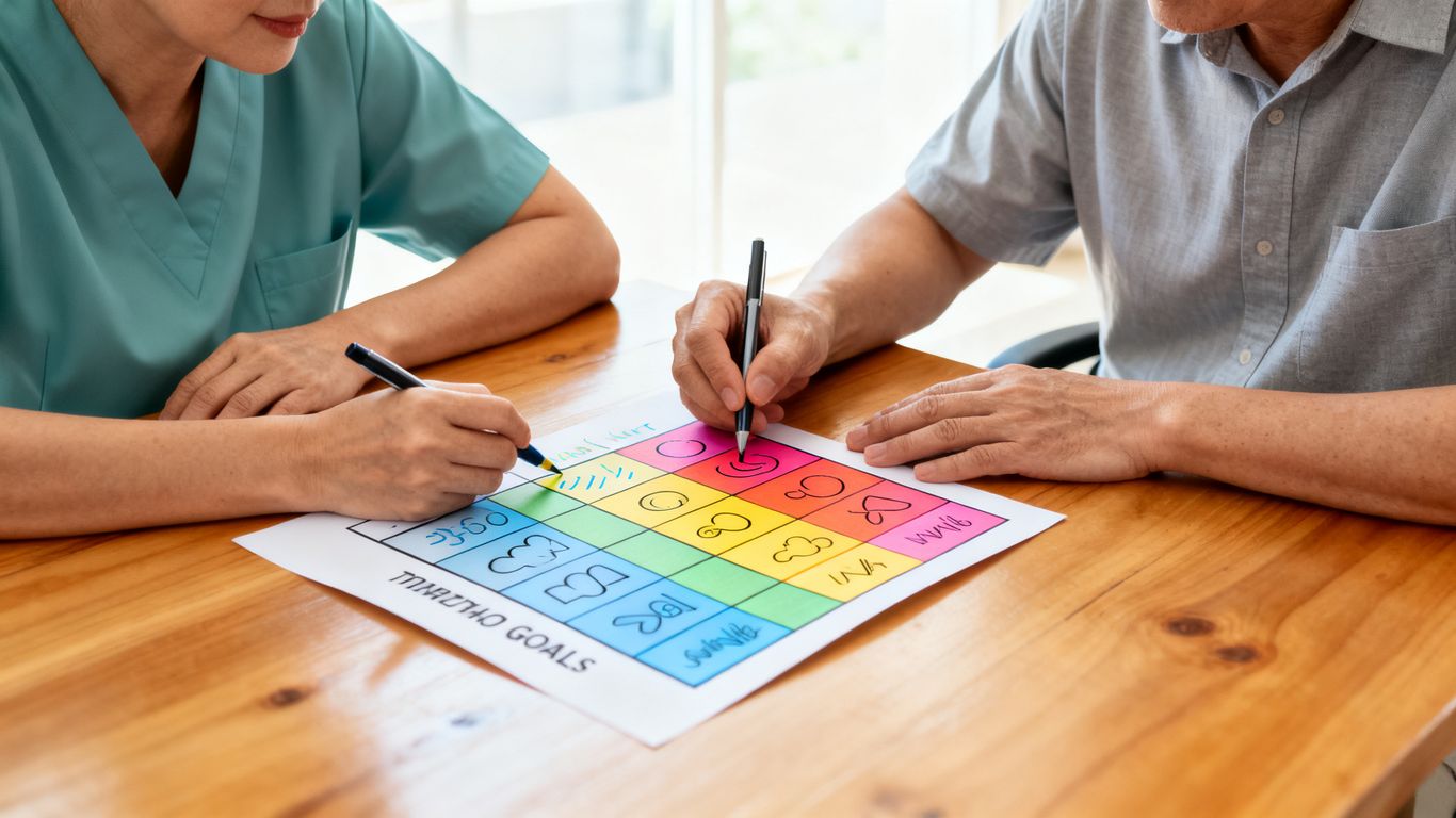 A support worker and a resident sitting side-by-side, collaboratively writing on a colourful chart at a table