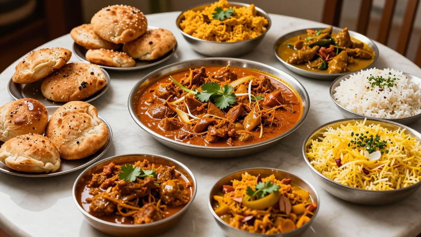 Colorful Indian food dishes on a table.