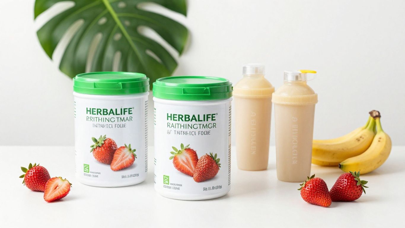 Herbalife products and fresh fruit on a white surface