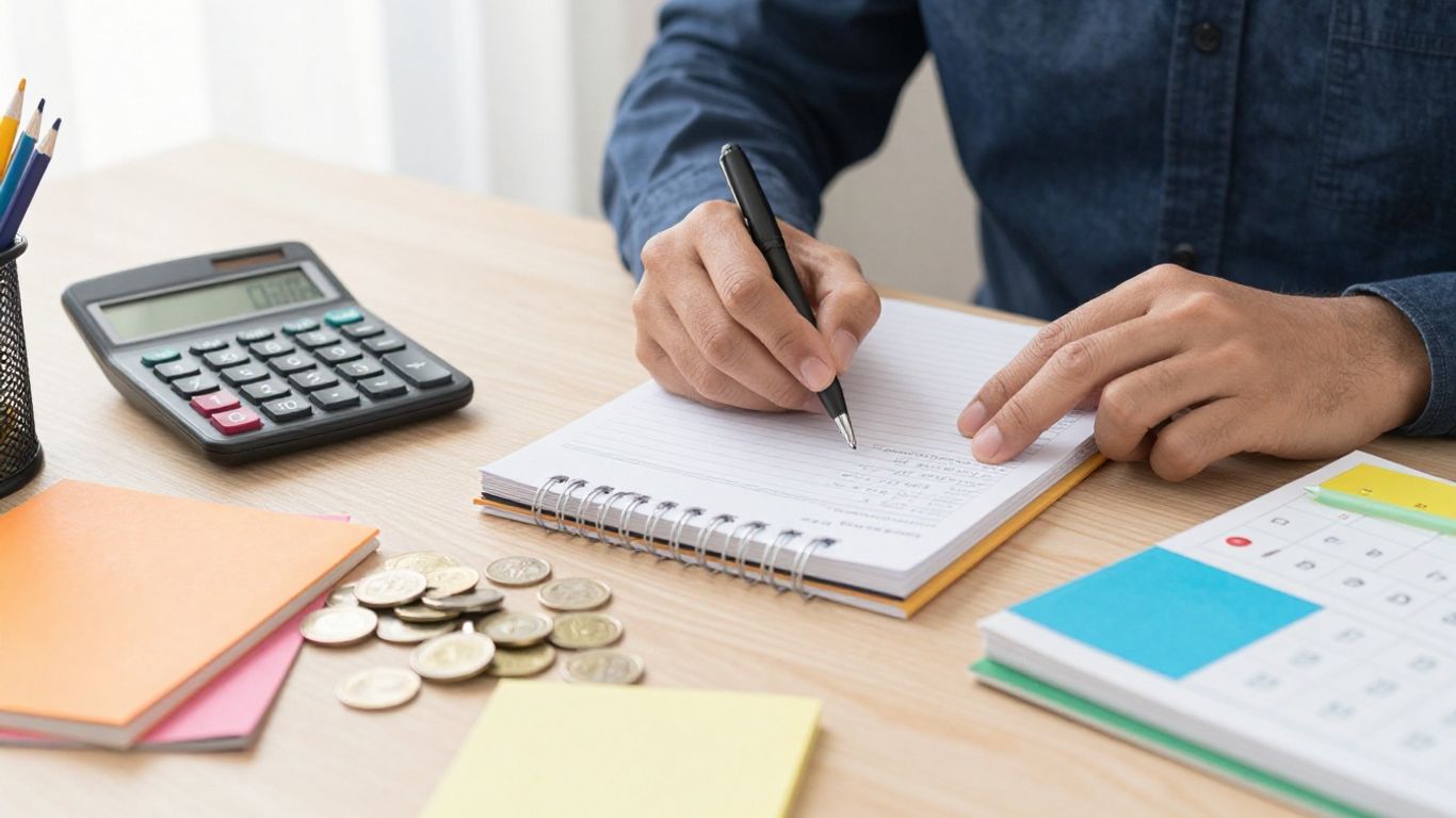 Persona calculando presupuesto escolar con calculadora