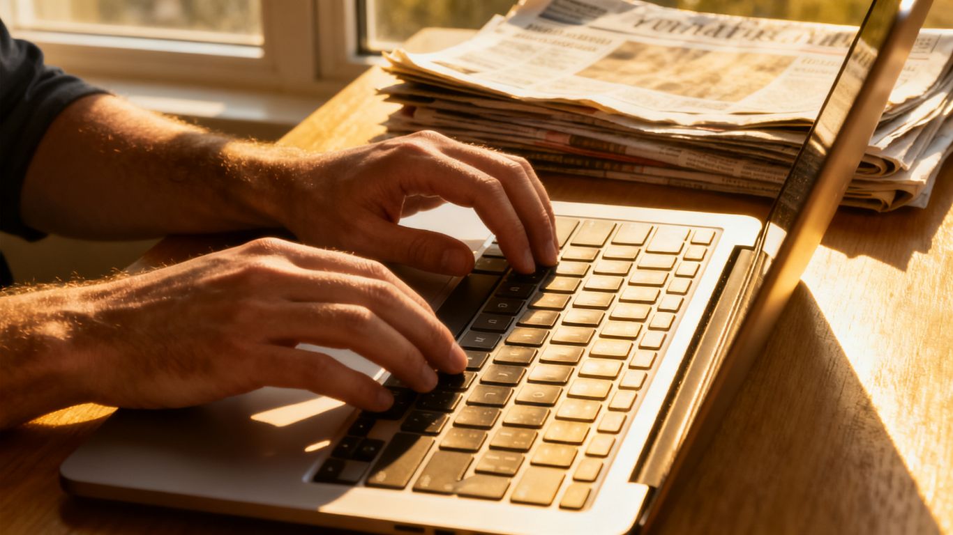 Startup founder typing on laptop, newspapers nearby.