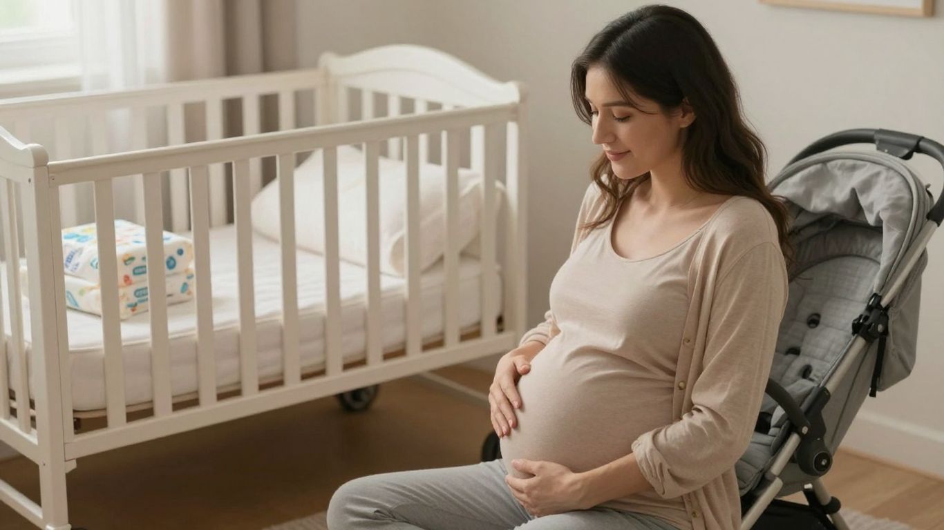 Pregnant woman preparing for baby with nursery items.