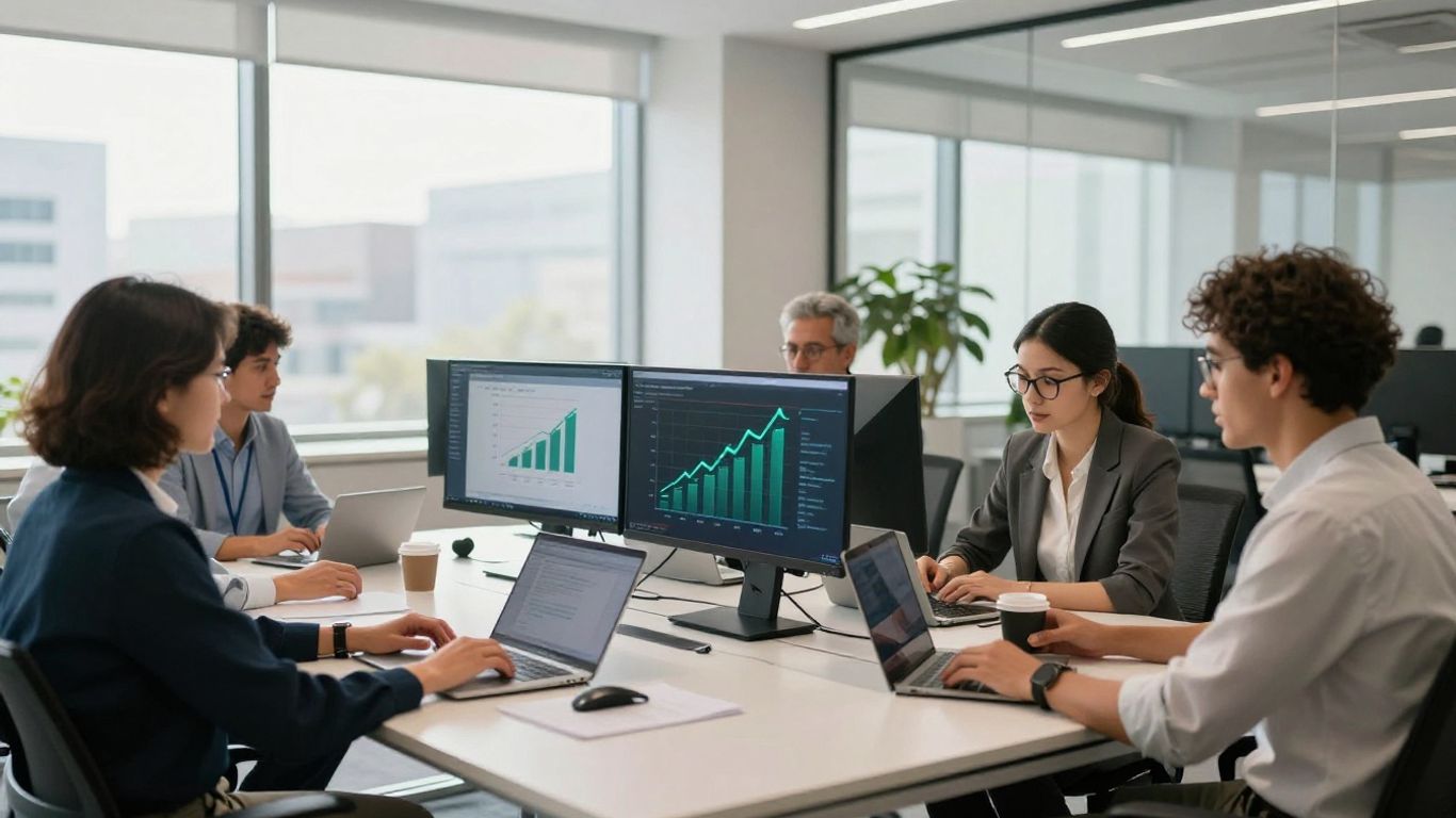 Team collaborating in a modern office with digital growth visuals.