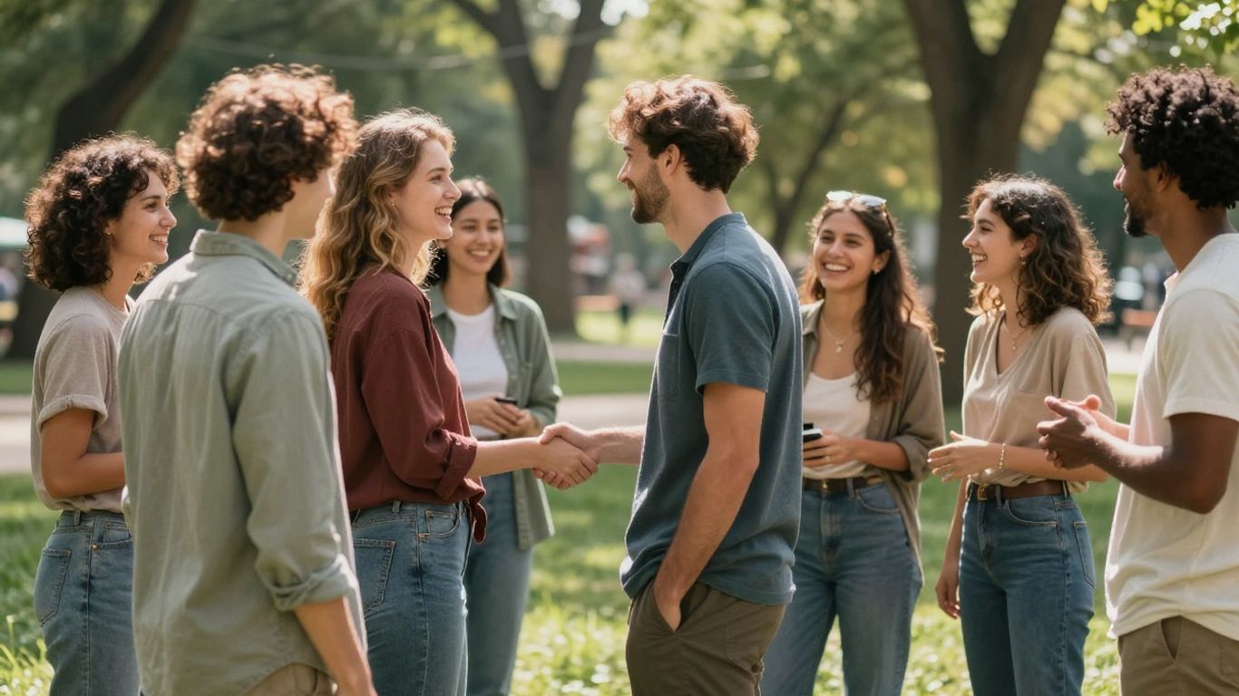 Oameni zâmbind și interacționând în comunitate.
